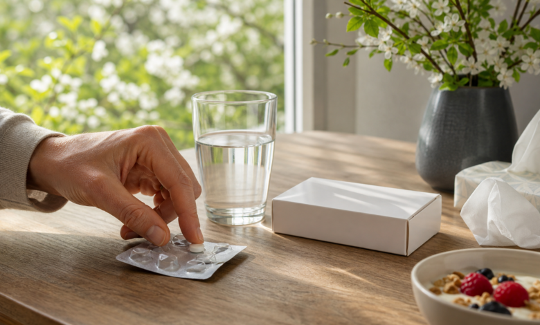 Eine einzelne rezeptfreie Allergietablette liegt neben Wasser und neutraler Verpackung. [Bildinhalt mit KI erstellt]