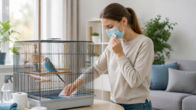 Frau reinigt einen Vogelkäfig bei bestehender Vogelallergie [Bildinhalt mit KI erstellt]